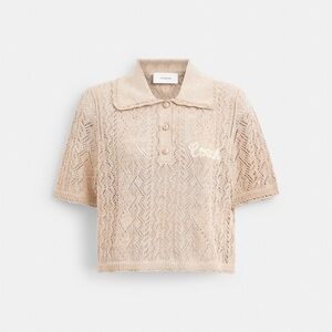 COACH NWOT Beige Crochet Knit Short Sleeve Button-up Polo Top - Size XL